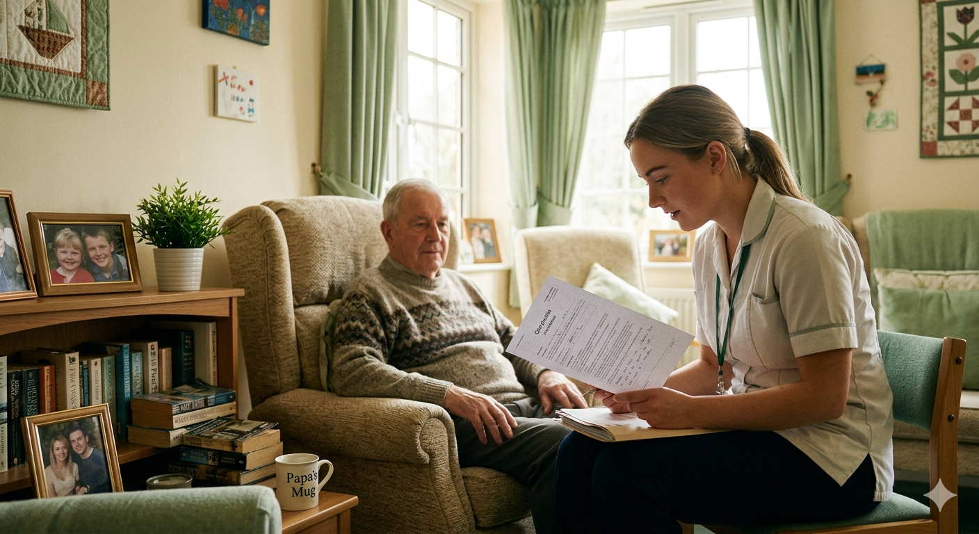 A care worker sitting with an elderly resident, reviewing their care profile together in a comfortable room